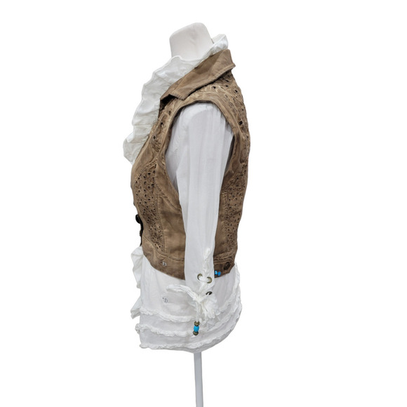 Dismero Italian Ruffle Blouse and Distressed Vest With Turquoise Accents SMALL - Picture 4 of 16